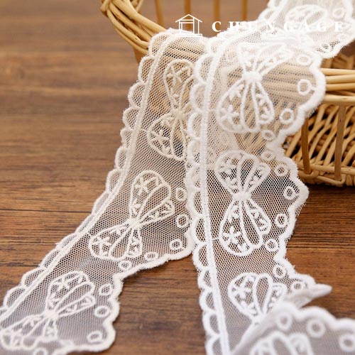 レース生地刺繍メッシレース布015ドットリボンナチュラル