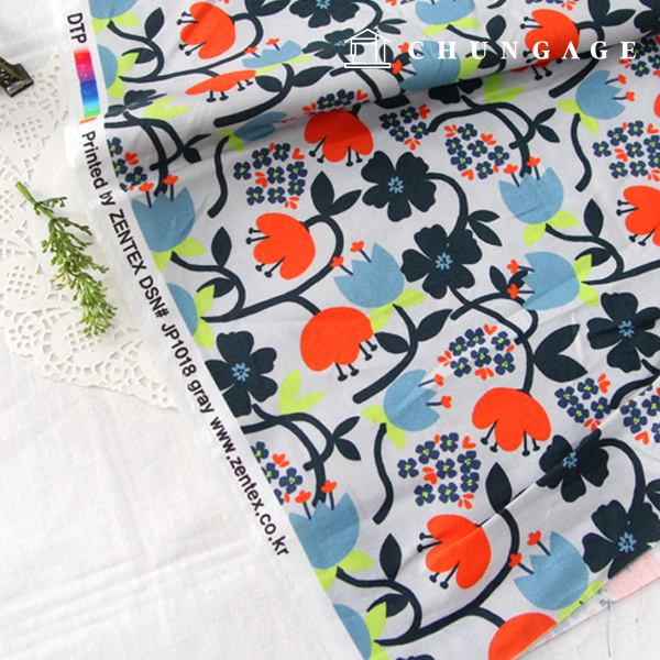 綿生地汚染DTP 20カウント平織り北欧フラワー