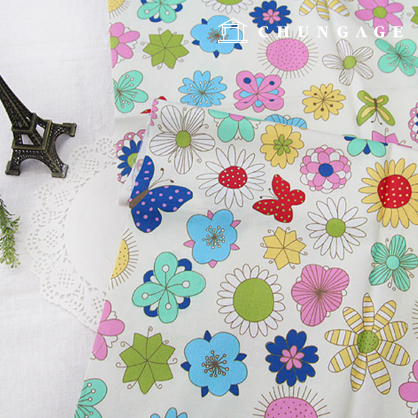 綿生地の汚れDTP 20カウント 平織り蝶とお花