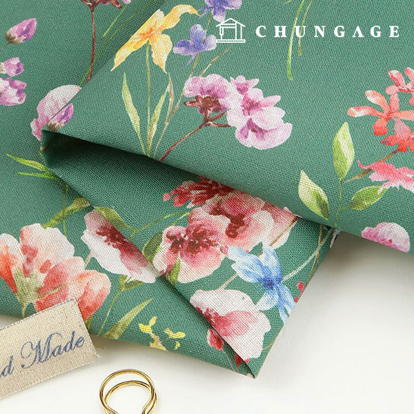 リネン生地 コットンリネン 11 カウント 環境にやさしい E-DTP 綿 広幅 野生花の詩 グリーン ML1424