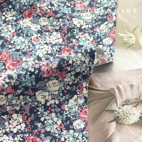 綿生地抗菌防臭加工花柄生地30カウント 広幅水彩スチールブルー