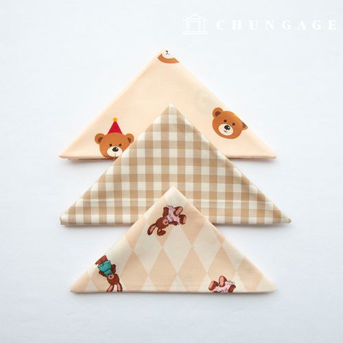 生地パッケージチェック生地クマウサギ動物ベージュコットン彫刻布3種094