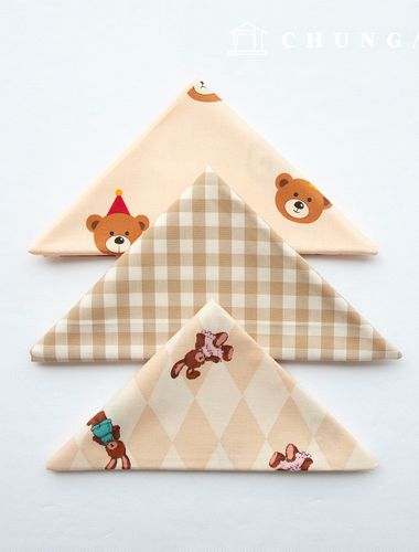 生地パッケージチェック生地クマウサギ動物ベージュコットン彫刻布3種094