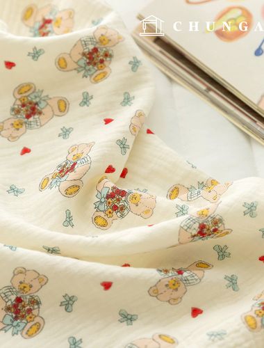 ヨル二重ガーゼ生地コットン無蛍光バイオウォッシュクマの生地リボンベア