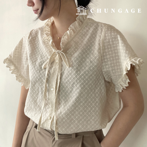 パタン女性チェックリボンフリルシャツ服作り P1823