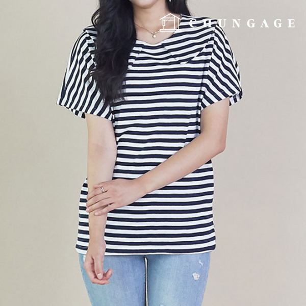 パタン女性ストライプ アカエイ カラー ティーシャツ 服作り P1255