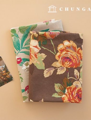 リネン生地バイオウォッシュリネン布花柄広幅ビッグフラワー2種