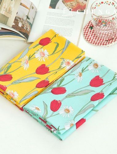 綿生地オックスフォード花柄フラワー生地20カウントビビッドチューリップ2種