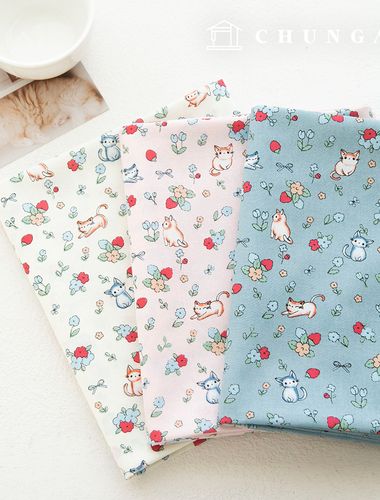 綿生地花柄猫生地20カウント 広幅キャットフラワー3種