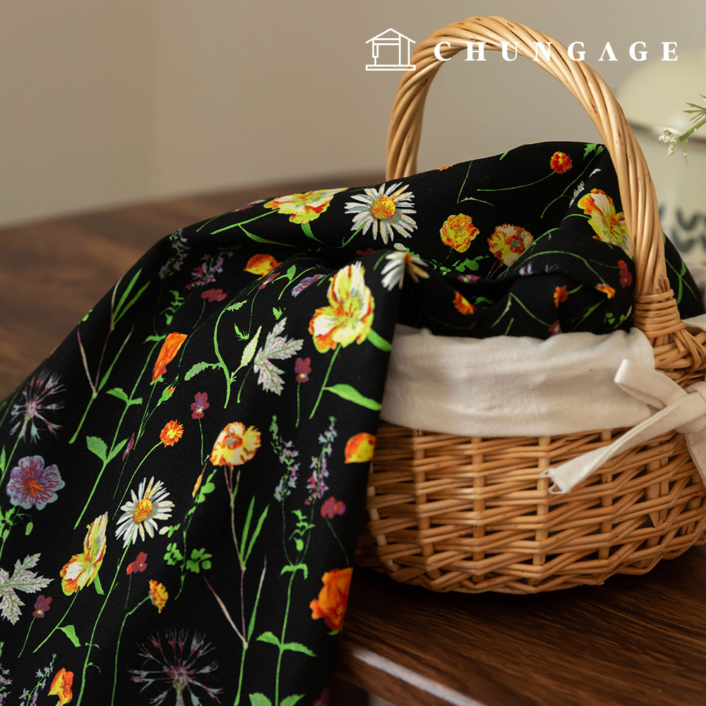 綿生地オックスフォードフラワー花柄パタン生地ミッドナイトステム