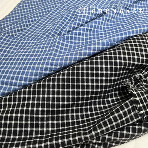 綿生地 40 カウント 先染 チェック 生地 ウォッシング 広幅 クラシ スクエア ブラック 青色 2種