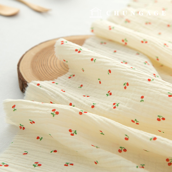 ヨル二重ガーゼ生地コットン無蛍光バイオウォッシュ生地花柄生地チェリークリーム