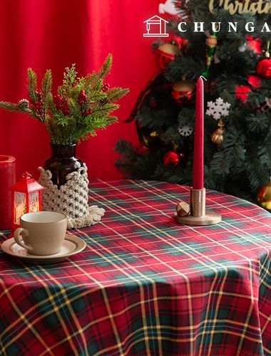チェック生地クリスマス生地コットンオックスフォード冬のビンテージチェック生地ウィンターチェリーイエローレッド