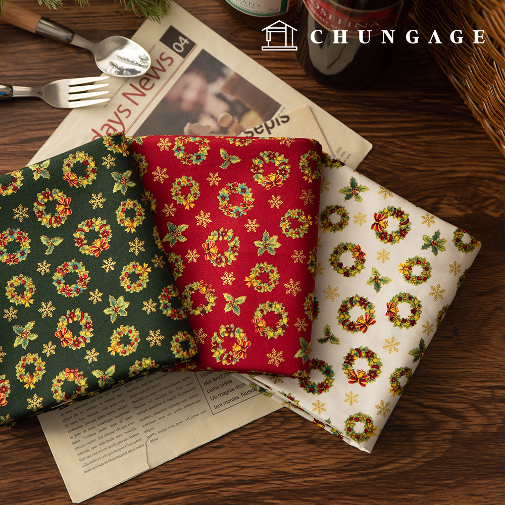 綿生地40カウント高密度クリスマス生地ゴールデンリース3種