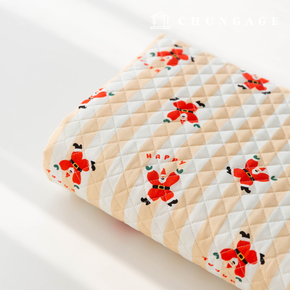 キルティング生地コットン20カウントDTPクリスマスヌービング布ダンシングサンタベージュストライプ