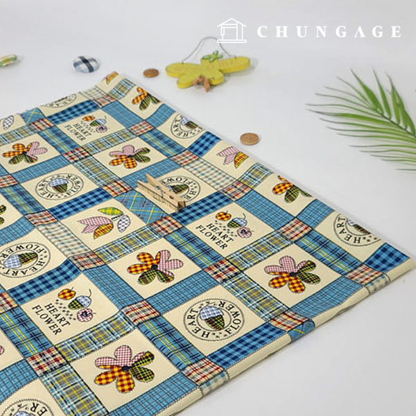 コットンオックスフォード生地花柄花柄パタン生地ハートフラワーパッチ青色