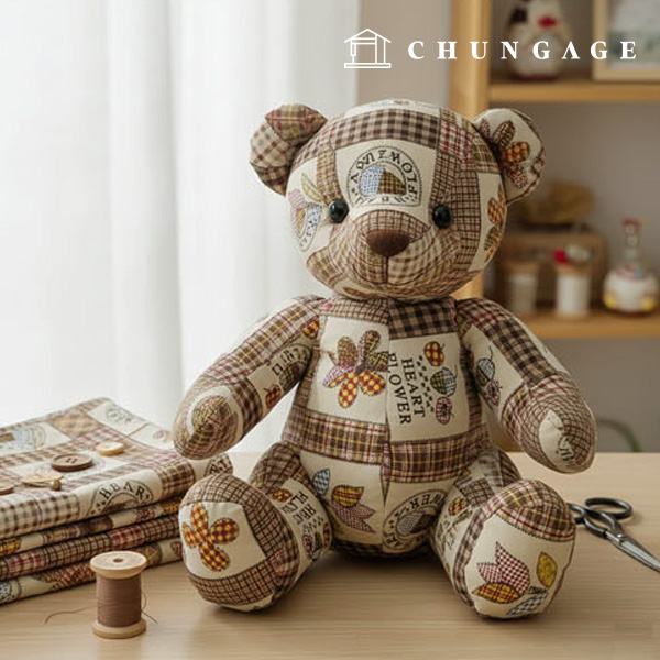 コットンオックスフォード生地花柄フラワーパタン生地ハートフラワーパッチブラウン