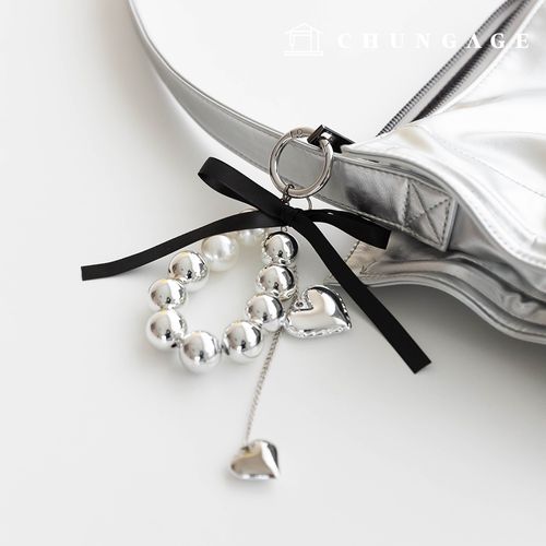 キーリングリボンハート真珠シルバービーズキーホルダーキーホルダーキーリングシルバー真珠