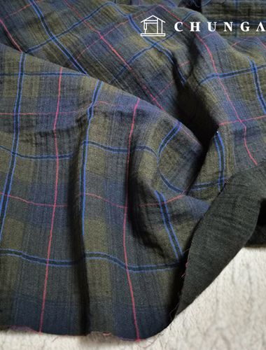ヨル二重ガーゼ生地コットン20カウントヤンコットン広幅カーキブラウンチェック
