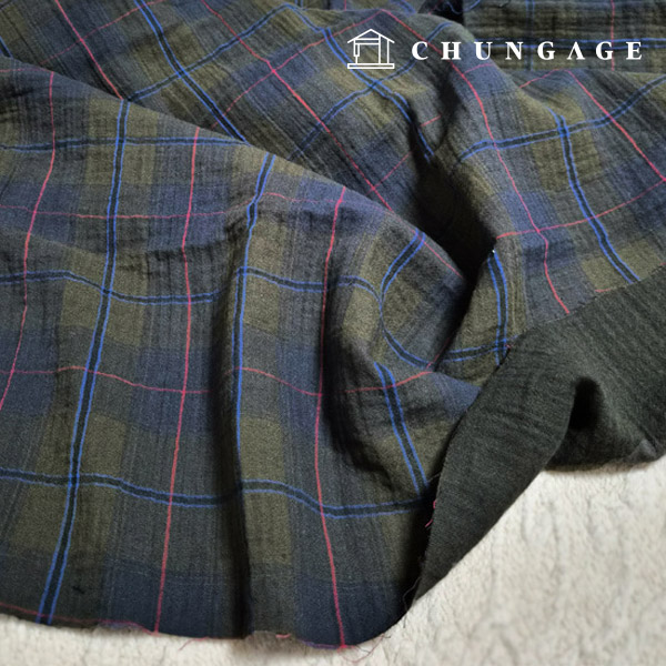 ヨル二重ガーゼ生地コットン20カウントヤンコットン広幅カーキブラウンチェック