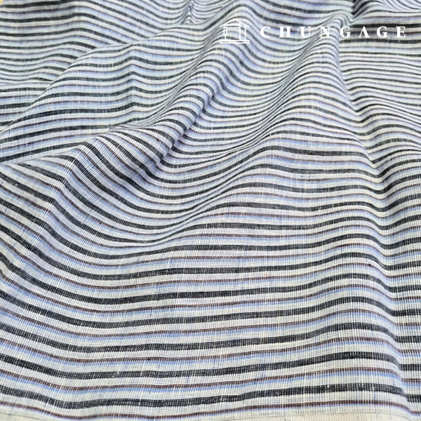 リネン生地 ウォッシング 40 カウントストライプ生地 広幅トリプル 青色ストライプ 0.5cm