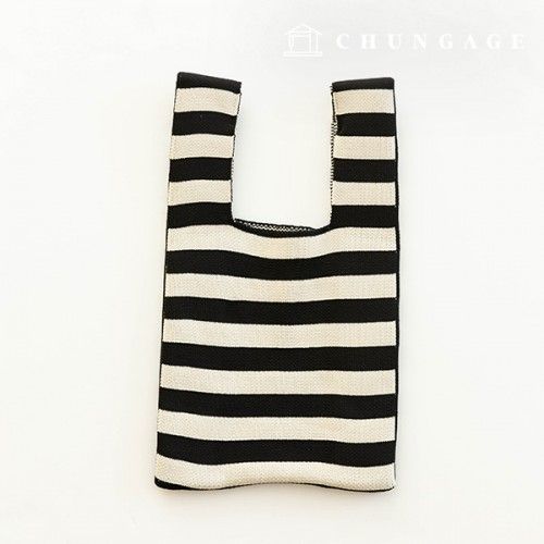 ニットミニ手袋チェックニットバッグ手首バッグブラックストライプ