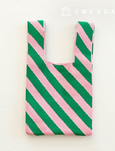 ニットミニ手袋チェックニットバッグ手首バッグピンク斜線