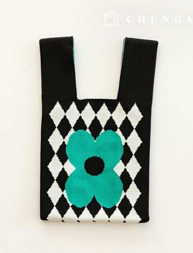 ニットミニ手袋チェックニットバッグ手首バッググリーンフラワー