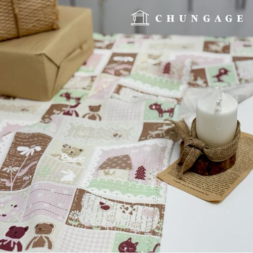 リネン生地 11 カウント 両面くまのフラワー生地 広幅テディベア