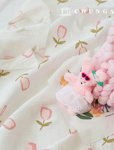 ヨル二重ガーゼ生地コットン無蛍光バイオウォッシュ生地花柄生地ピンクチューリップ