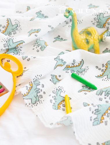 ヨル二重ガーゼ生地コットン無蛍光バイオウォッシュ恐竜生地ハッピーダイノ