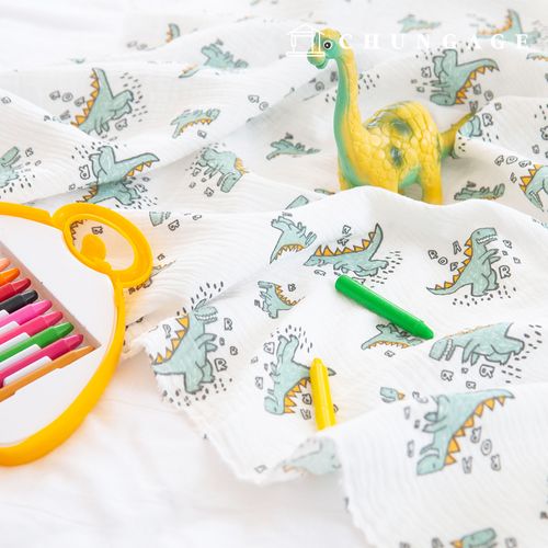 ヨル二重ガーゼ生地コットン無蛍光バイオウォッシュ恐竜生地ハッピーダイノ