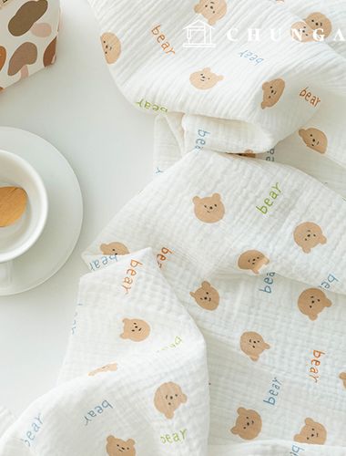 ヨル二重ガーゼ生地コットン無蛍光バイオウォッシュ生地アルファベットベア