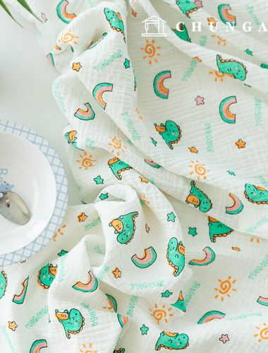 ヨル二重ガーゼ生地コットン無蛍光バイオウォッシュ生地虹恐竜