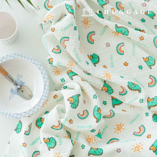 ヨル二重ガーゼ生地コットン無蛍光バイオウォッシュ生地虹恐竜