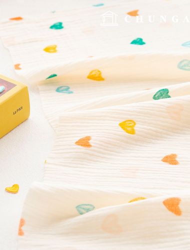 ヨル二重ガーゼ生地コットン無蛍光バイオウォッシュ生地ハート뿅뿅