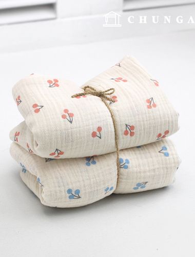 ヨル二重ガーゼ生地コットン無蛍光バイオウォッシュ生地広幅チェリーチェリー2種