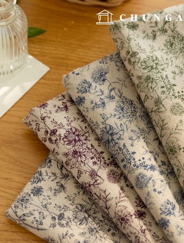 リネン生地コットンリネン生地 ヴィンテージ花柄 花生地 広幅11 カウント ルメノ4種