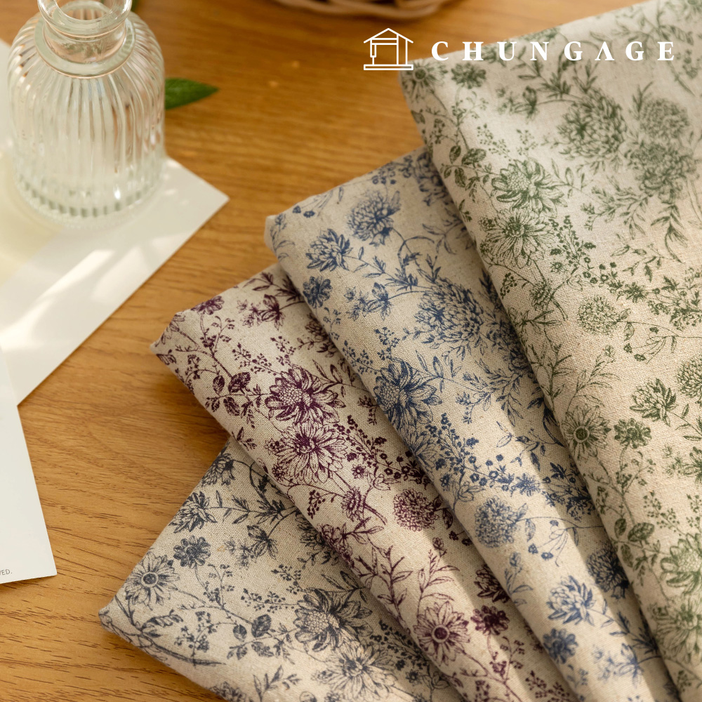 リネン生地コットンリネン生地 ヴィンテージ花柄 花生地 広幅11 カウント ルメノ4種