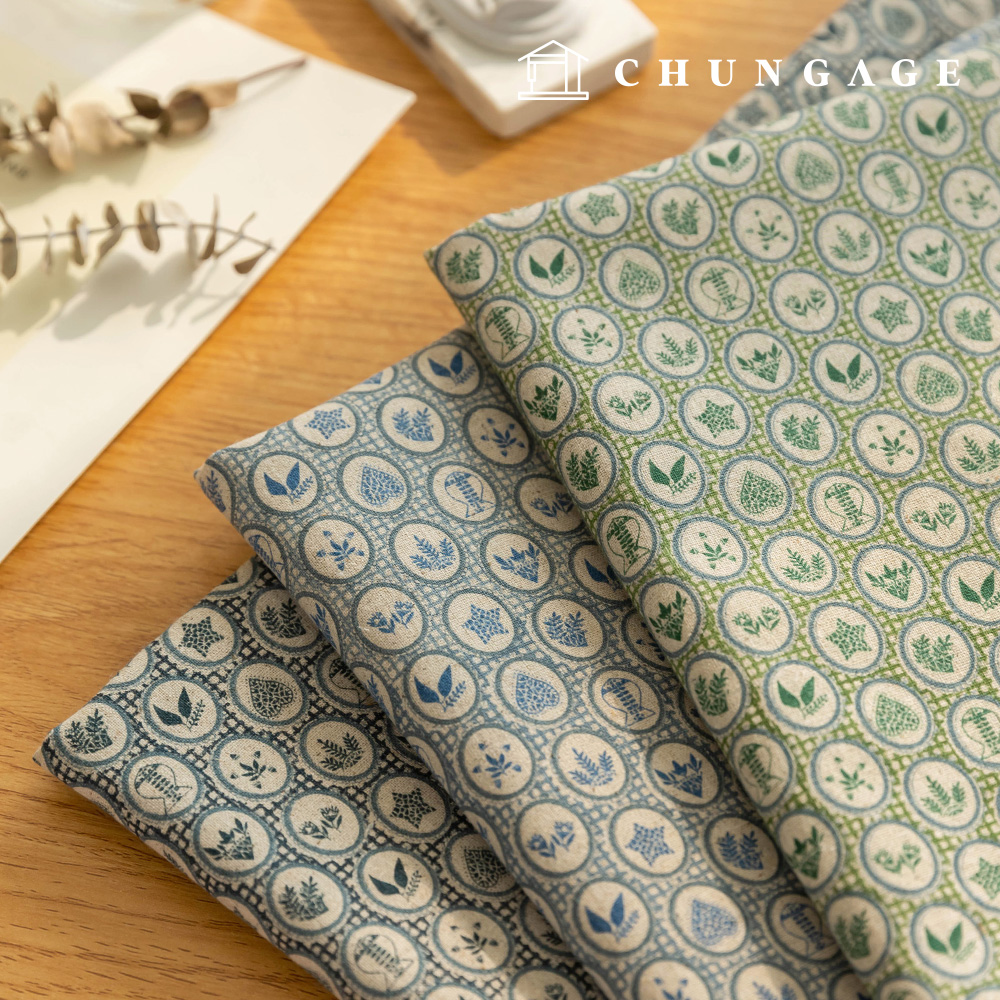 リネン生地 コットンリネン生地 チェック葉 リーフ生地 広幅11 カウントリソ 3種