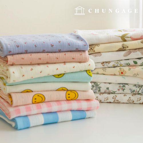 ヨル二重ガーゼ生地コットン無蛍光バイオウォッシュ生地花柄生地チェリークリーム