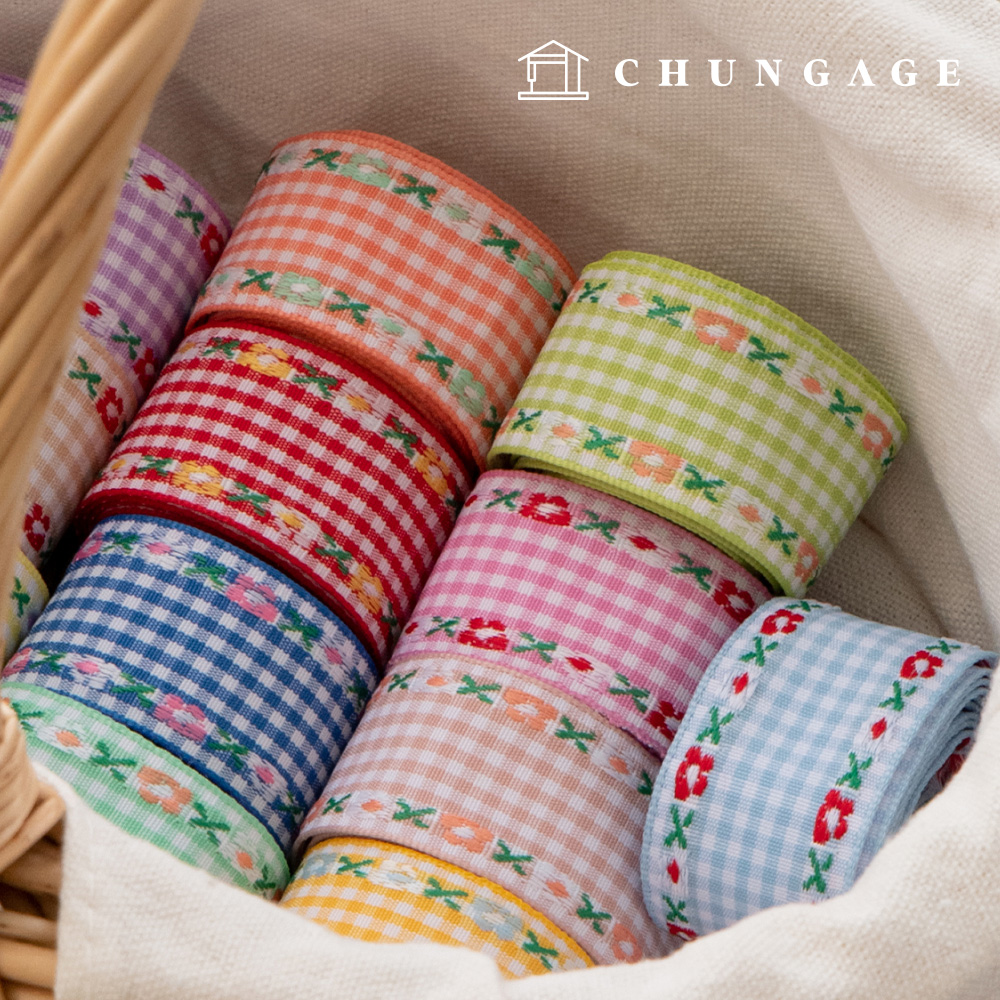 리본 공예 체크 테두리 플라워 꽃 자수 리본 테이프 12종