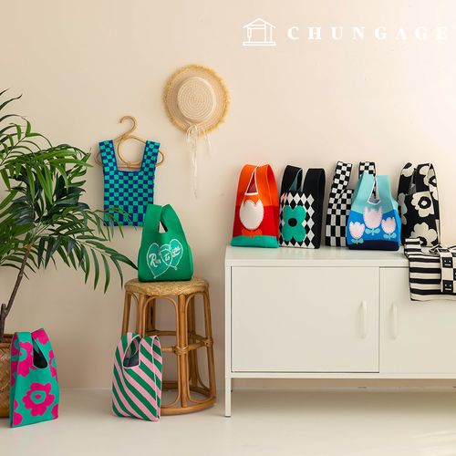 ニットミニ手袋チェックニットバッグ手首バッグトートバッグ