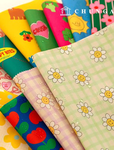 防水布DTP 防水布広幅デイジー花柄布ハッピーチェックアップルグリーンW100